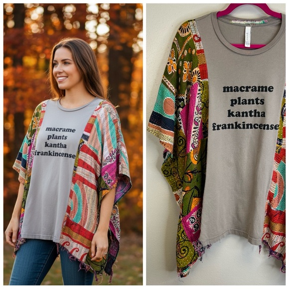 Bella Canvas Tops - Hippie Boho Festival Short Sleeve Poncho Top Graphic Kantha Granola Girl Whimsy
